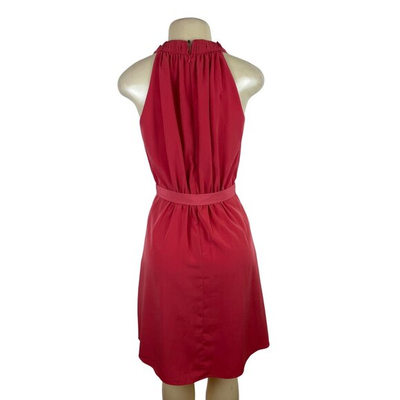 Ann Taylor Red Halter Neck Sleeveless Dress With Belt Tie Back Pleated Sz 2 - Picture 3 of 9